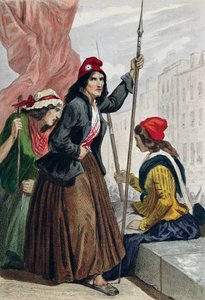 Os tricoteuses da guilhotina nos degraus da Igreja de Saint-Roch, 16 de outubro de 1793 (gravura a cores)